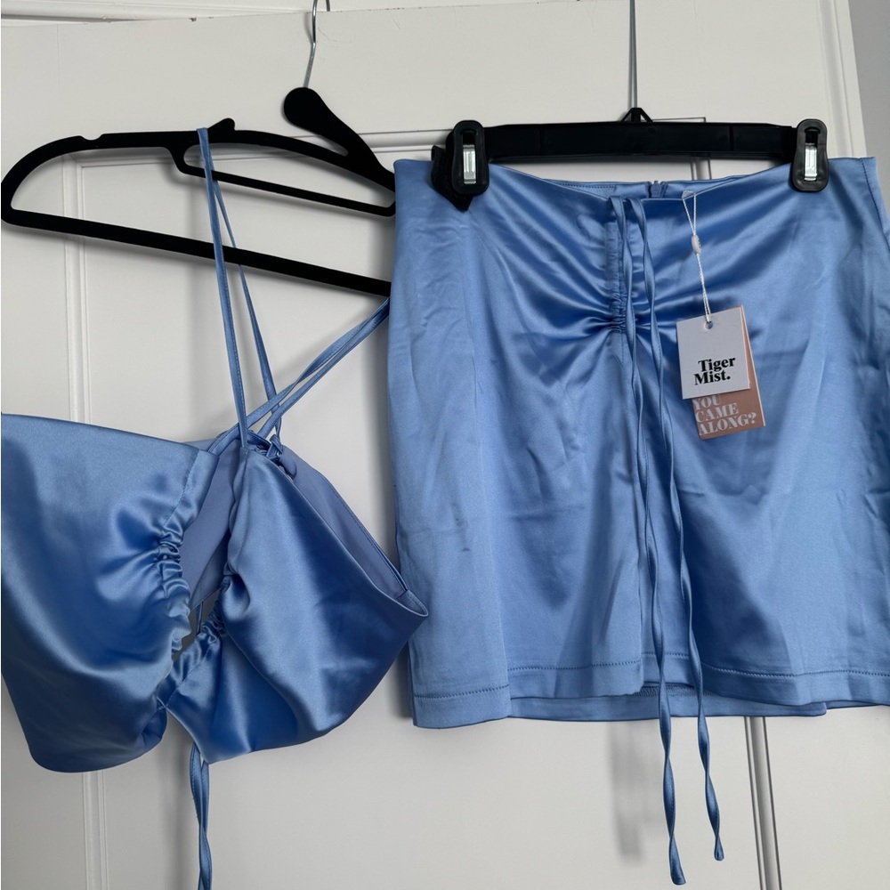Tiger Mist Blue Satin Top and Skirt Set